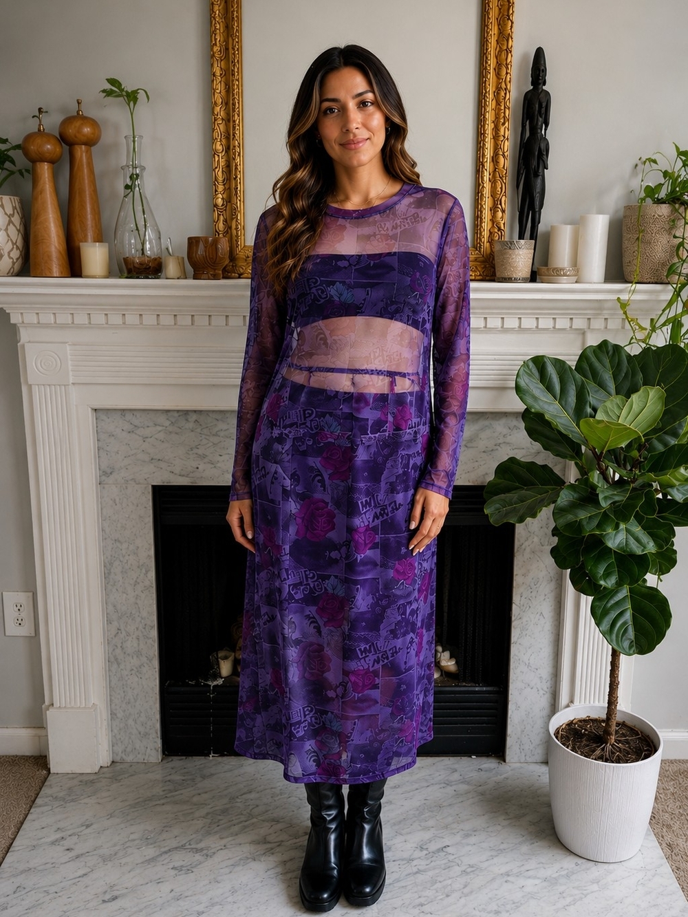 Torrid x Betsey Johnson Purple Skirt Set Size 3X Floral Graphic Print Sheer Top